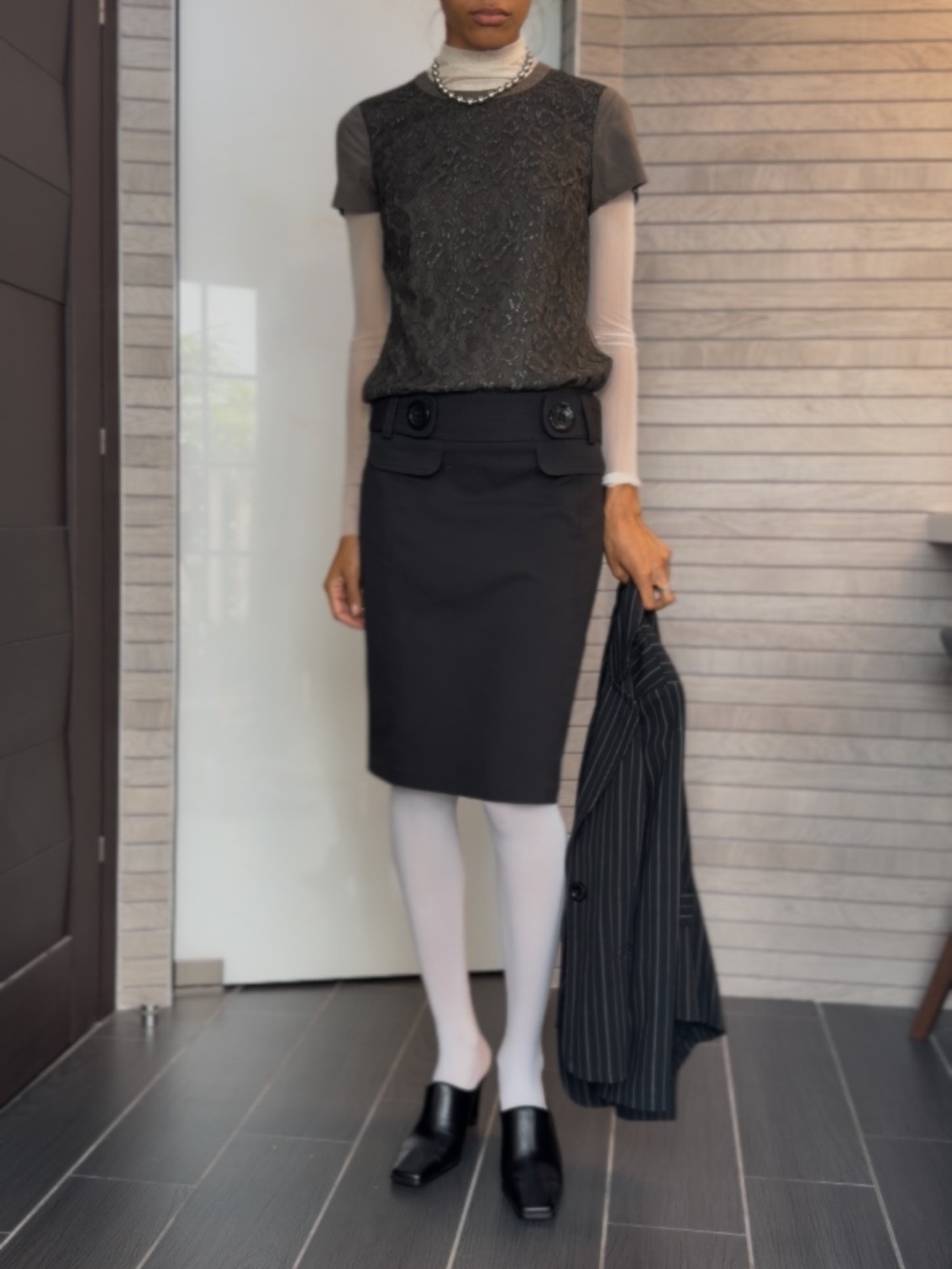 Ann Taylor Charcoal Lace Short-Sleeve Layered Top
